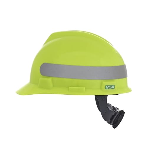 MSA 10102194 V-Gard Cap Style Safety Hard Hat With Fas-Trac III Ratchet Suspension | Polyethylene Shell, Self Adjusting Crown Straps - Standard Size in Hi-Viz Yellow Green/Silver Stripe
