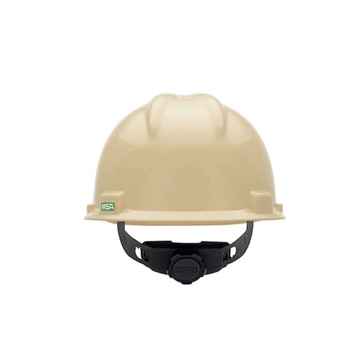 MSA 495856 V-Gard Cap Style Safety Hard Hat With Fas-Trac III Ratchet Suspension | Polyethylene Shell, Superior Impact Protection, Self Adjusting Crown Straps - Standard Size in Light Buff