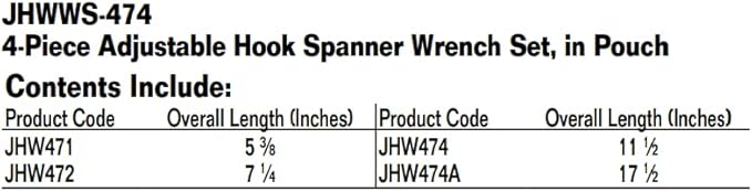 Williams JHWWS-474 Adjustable Hook Spanner Wrench Set, 4-Piece, Provides heavy-duty Durability, Precise Engineering, and Versatility for Industrial Applications