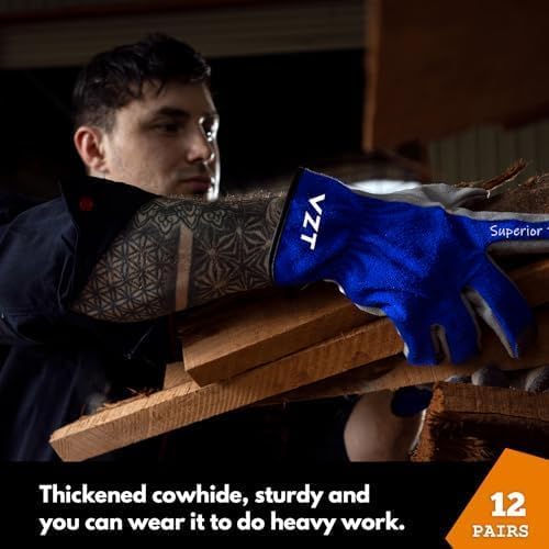 12 Pairs Bulk Leather Work Gloves for Men or Women for Construction, Wood cutting, Driving, Water Resistant, Keep warm, Soft, Cowhide, Class 4 Abrasion Resistant, Blue-White, XXL