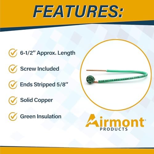 (Pack of 50) 12 AWG Solid Copper Ground Wire with Green Ground Screws – 6.5" Edge-Stripped Grounding Wire, 5/8" Strip, 10-32 x 3/8" Captive Green Screws for Electrical Boxes