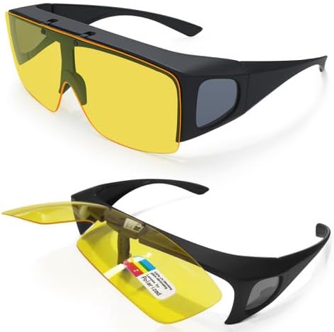 Polarized Anti Glare Glasses for Night Driving | Yellow Night Driving Glasses | Fit Over & Flip Up Design | Reduce Headlight Glare & Eye Strain