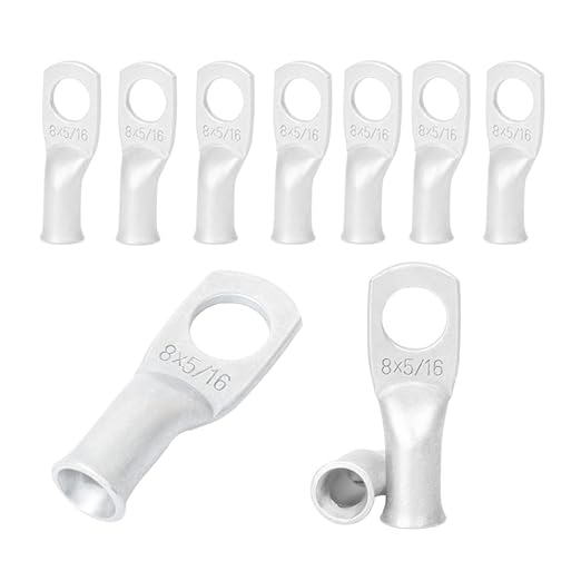 8 AWG 5/16" Stud (10 pcs.) Battery Ring Terminal, 8 Gauge Wire Connectors,8 Gauge Battery Cable, Wire Lugs, Tubular Ring Terminal Connectors, Battery Terminal Connectors, Tinned Copper Eyelets