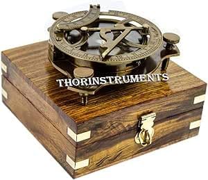 THOR INSTRUMENTS 5" Triangular Nautical Sundial Compass with Level Meter, Encased in Genuine Rosewood Anchor Inlaid Case, Maritime Decor Gift
