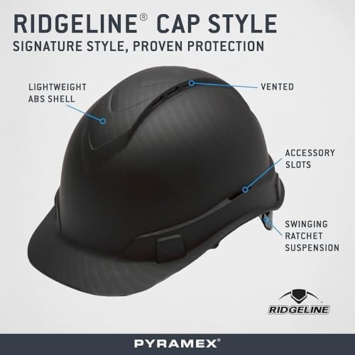 PYRAMEX Ridgeline Cap Style Hard Hat, Vented, 4-Point Ratchet Suspension, Black Graphite Pattern