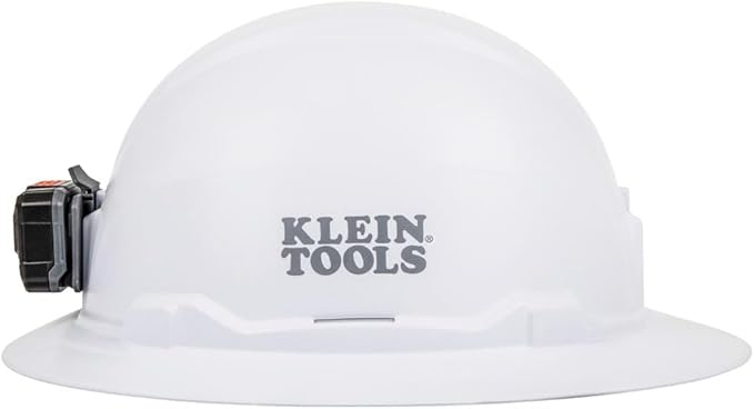 Klein Tools 60406RL Hard Hat, Rechargeable Headlamp, Non-Vented, Full Brim Style, Padded Self-Wicking Odor-Resistant Sweatband, Tested up to 20kV, White