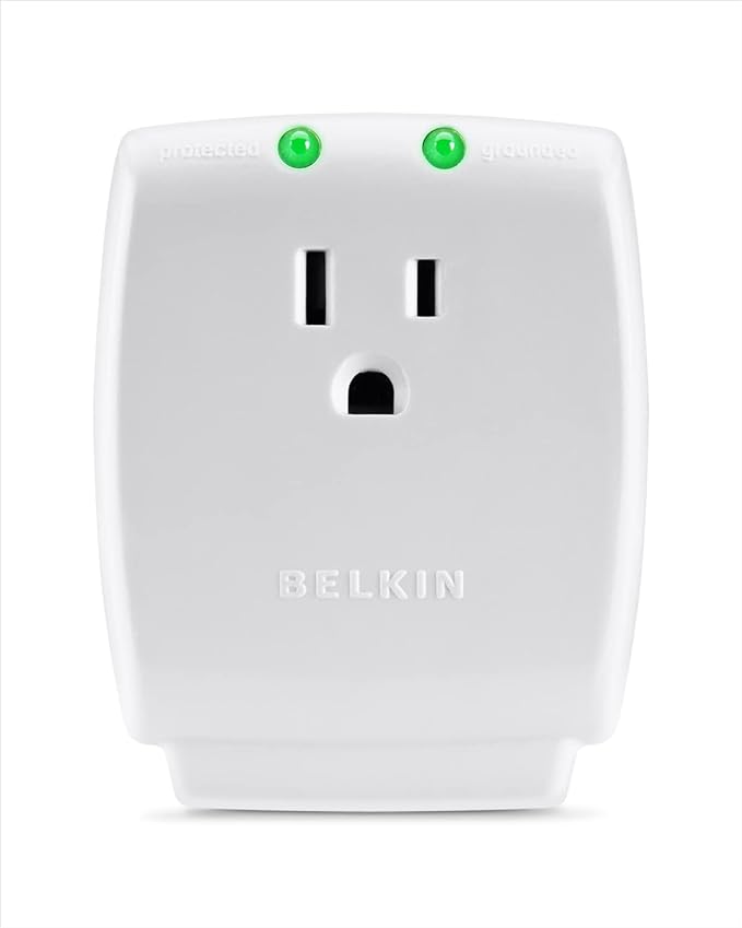 Belkin 1-Outlet Home Series SurgeCube - Grounded Outlet Portable Wall Tap Adapter with Ground & Protected Light Indicators for Office, Charging Brick - White, ABS, 885 Joules