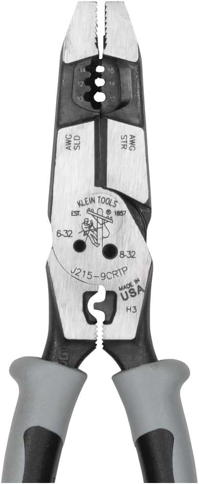 Klein Tools J2159CRTP Side Cutting Pliers, Made in USA, 9-Inch Journeyman High Leverage Hybrid Pliers with Crimper, Fish Tape Puller and Wire Stripper