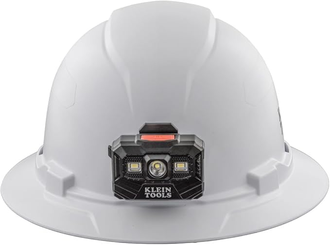Klein Tools 60406RL Hard Hat, Rechargeable Headlamp, Non-Vented, Full Brim Style, Padded Self-Wicking Odor-Resistant Sweatband, Tested up to 20kV, White
