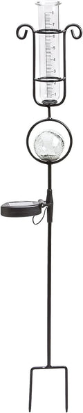 Evergreen Garden Metal and Glass Rain Gauge with Solar Powered Light - 6" W x 5.5" D x 33.5" H
