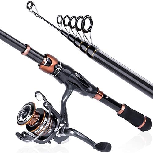PLUSINNO Fishing Rod and Reel Combos, Bronze Warrior Toray IM6 Carbon Matrix Telescopic Fishing Rod Pole, 12 +1 Shielded Bearings Stainless Steel BB Spinning Reel, Travel Freshwater Fishing Gear
