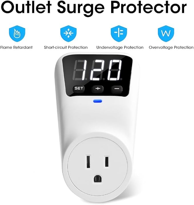 Refrigerator Surge Protector Voltage Stabilizers - Fireproof UL94V-1 Wall Mount Surge Protector Outlets for TV Appliances Real-Time Monitoring & Custom Voltage 80V-140V, 15A, 120V, 1800J,3 Pack