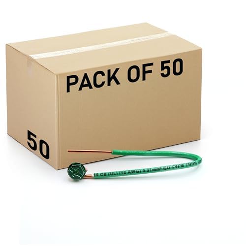 (Pack of 50) 12 AWG Solid Copper Ground Wire with Green Ground Screws – 6.5" Edge-Stripped Grounding Wire, 5/8" Strip, 10-32 x 3/8" Captive Green Screws for Electrical Boxes