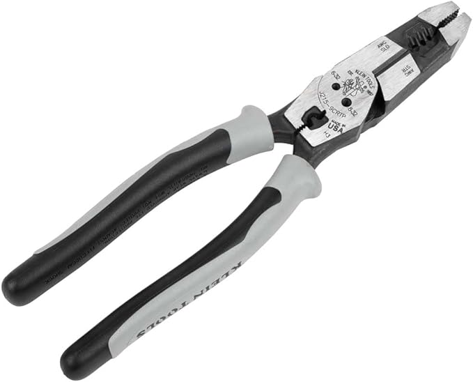 Klein Tools J2159CRTP Side Cutting Pliers, Made in USA, 9-Inch Journeyman High Leverage Hybrid Pliers with Crimper, Fish Tape Puller and Wire Stripper