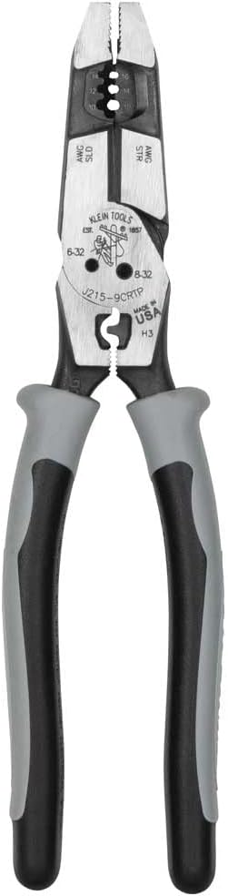 Klein Tools J2159CRTP Side Cutting Pliers, Made in USA, 9-Inch Journeyman High Leverage Hybrid Pliers with Crimper, Fish Tape Puller and Wire Stripper