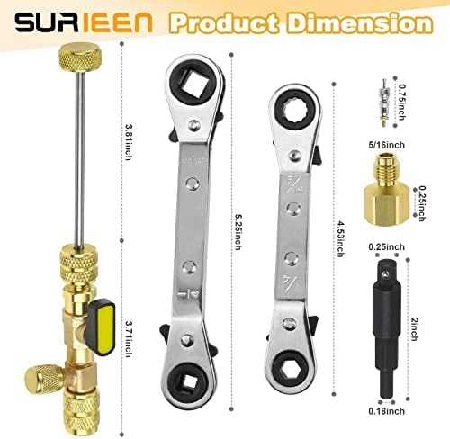 Valve Core Remover Installer Tool and HVAC Service Wrench Set With Hex Bit Adapters, Dual Size SAE 1/4 & 5/16 Port, 3/8" to 1/4", 5/16" Refrigeration Service Wrench, 10pcs Valve Core
