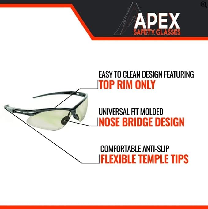 Malta Dynamics APEX Safety Glasses – Anti Scratch and Anti Fog Protection, Construction Safety Glasses for Men and Women, ISEA & ANSI Z87 Compliant (Indoor/Outdoor, 12 Pairs)