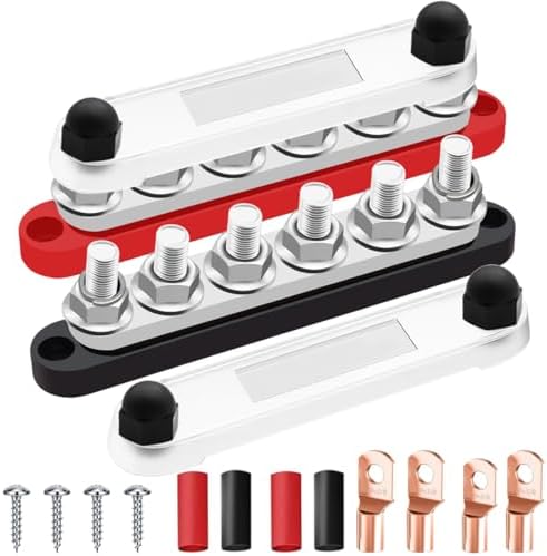350A 12V-48V Bus Bar Marine Power Distribution Block with Cover with 6 x 3/8”Post,Battery Bus Bar (Pair,Red & Black),Automotive Busbars 12 Volt for Car Boat Solar Wiring