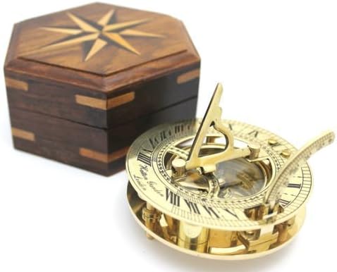 THOR INSTRUMENTS Nautical Solid Brass Round Sundial Compass with Rosewood Box, Brass Rustic Vintage Home Decor Gifts