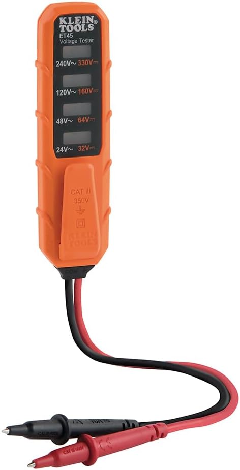 Klein Tools ET45 Digital AC/DC Voltage Tester, 12-240V AC, 32-330V DC, LED Illumination, DC Polarity, Auto Off, CATIII 350V-Class 2-Double Insulation, IP44 Dust & Water Resistant, No Batteries Needed