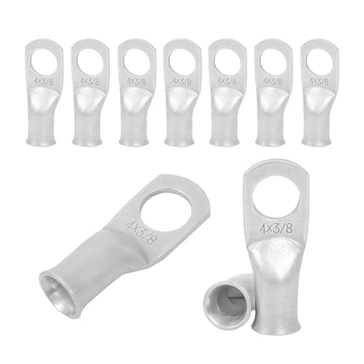 4 AWG 3/8" Stud Battery Ring Terminal (10 pcs.) - 4 Gauge Cable Connectors, Wire Lugs, Tubular Ring Terminal Connectors, Tinned Copper Eyelets