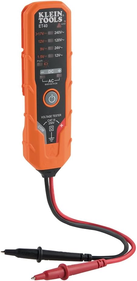 Klein Tools ET40 Digital AC/DC Voltage Tester, 12-240V AC, 1.5-24V DC, LED Illumination, DC Polarity, Auto Off, CAT III 250V-Class 2- Double Insulation, IP41 Dust and Water Resistant