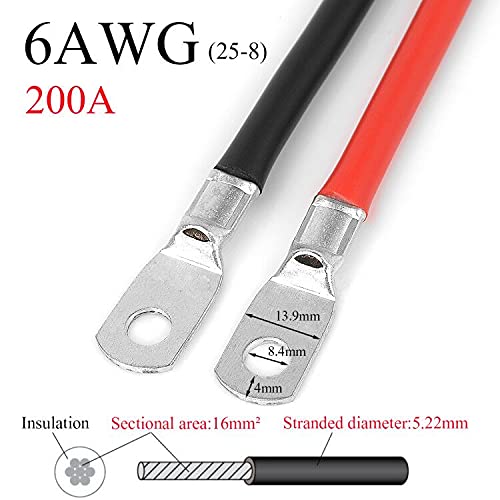 Jtron 20 inch Cable 6 AWG (25-8) Specification red + Black Pure Copper Battery Inverter Cable Solar, Marine lugs can be Used for Battery Switch(Available Current 200A)