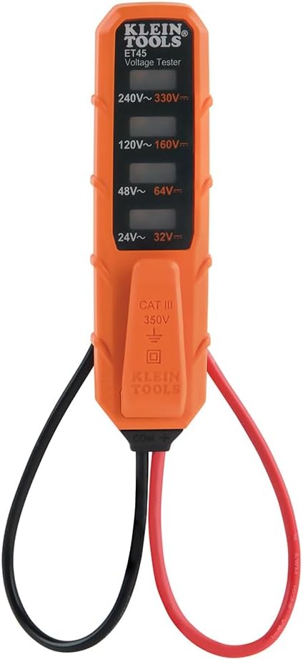 Klein Tools ET45 Digital AC/DC Voltage Tester, 12-240V AC, 32-330V DC, LED Illumination, DC Polarity, Auto Off, CATIII 350V-Class 2-Double Insulation, IP44 Dust & Water Resistant, No Batteries Needed