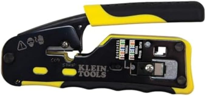 Klein Tools VDV226-110 Ratcheting Modular Data Cable Crimper / Wire Stripper / Wire Cutter for RJ11/RJ12 Standard, RJ45 Pass-Thru Connectors