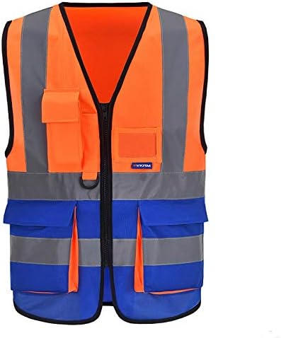A-SAFETY High Visibility Safety Vest with 7 Pockets Multi Frontal Pockets Lighetweight Safety Vest with Reflective Strips and Zipper, Orange&Blue Color Mixed, XXXL
