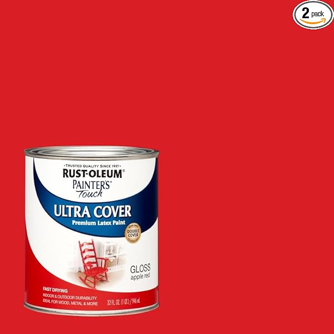 Rust-Oleum 1966502-2PK Painter's Touch Latex Paint, Quart, Gloss Apple Red, 1 Quarts (Pack of 2)