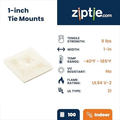 ZipTie.com 1-inch Natural Zip Tie Mounts, UL 21 Listed, 100-Pack