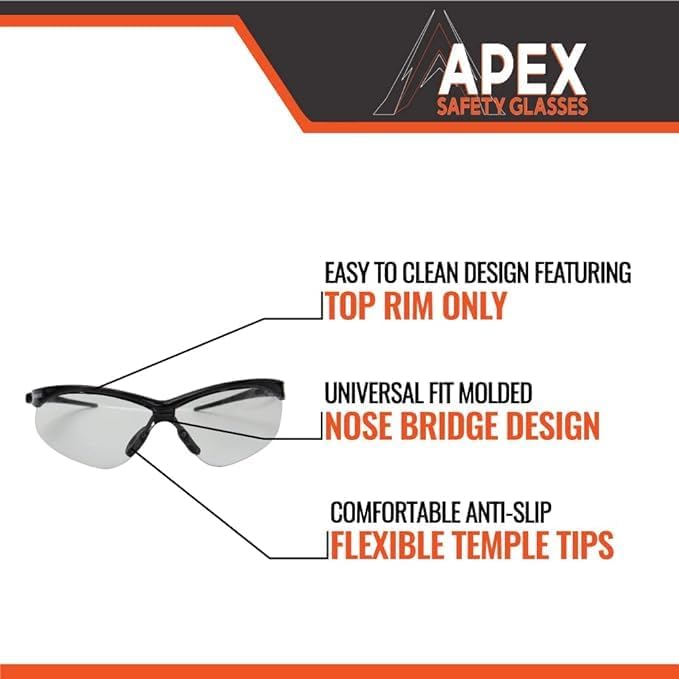 Malta Dynamics APEX Safety Glasses – Anti Scratch and Anti Fog Protection, Construction Safety Glasses for Men and Women, ISEA & ANSI Z87 Compliant (Clear, 36 Pairs)