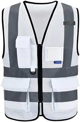 A-SAFETY Hi Reflective Safety Vest,Hi Vis Bright Neon Colors Safety Vest with 4 Reflective Strips 7 Pockets(White L)