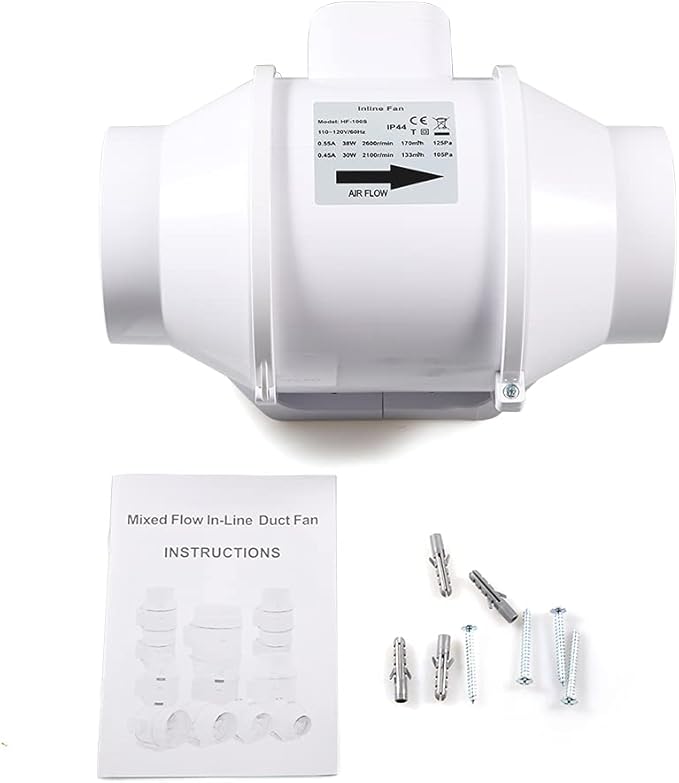 Quiet 4" Inline Duct Fan, 100CFM White Extractor Fans with 2 Speed, Ventilation Exhaust Blower Fans with Efficient Quiet Motor Mixed Flow Ventilation System for Ducting, Vents, Bathroom, Kitchen