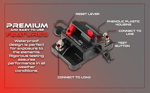 60Amp Circuit Breaker for Boat Trolling Motor Marine ATV Trailer Vehicles Battery Charger Golf Cart Solar System Inline Fuse with Manual Reset Switch Waterproof DC 12V-48V IP67