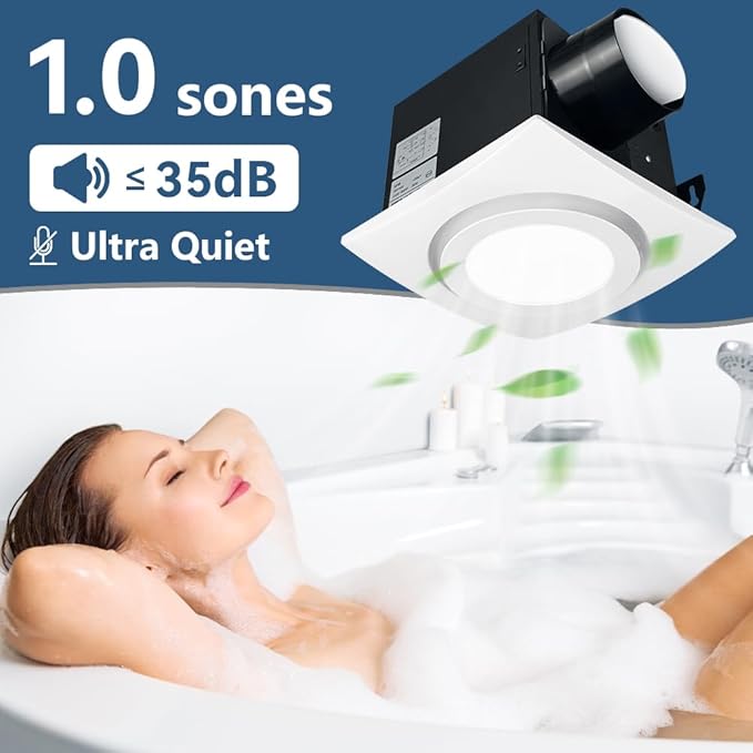 Bathroom Exhaust Fan with Light 88CFM 1.0 Sone, Quiet 28W Bath Shower Fan 3CCT Color LED Light Adjustable 8 x 8 inch Extractor Vent for Bathroom White
