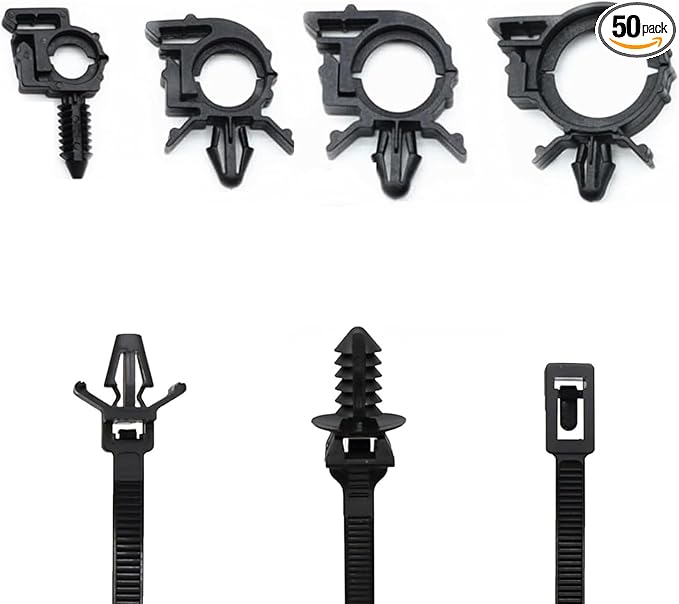 Universal Push Mount Cable Zip Tie with Automotive Wire Loom Clips Kit, Car Engine Bay Replacement Parts for Trucks Cars (50pcs)