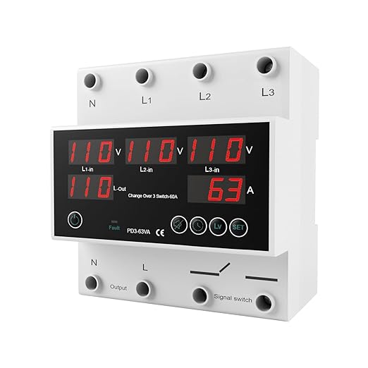 One-Click Setup Automatic Transfer Switch with Priority Phase L1＞L2＞L3, 4P 63A 110V 40/50/60/70Hz ATS Electrical Selector Switch Generator Changeover Switch V/A Protector Din Rail Mount