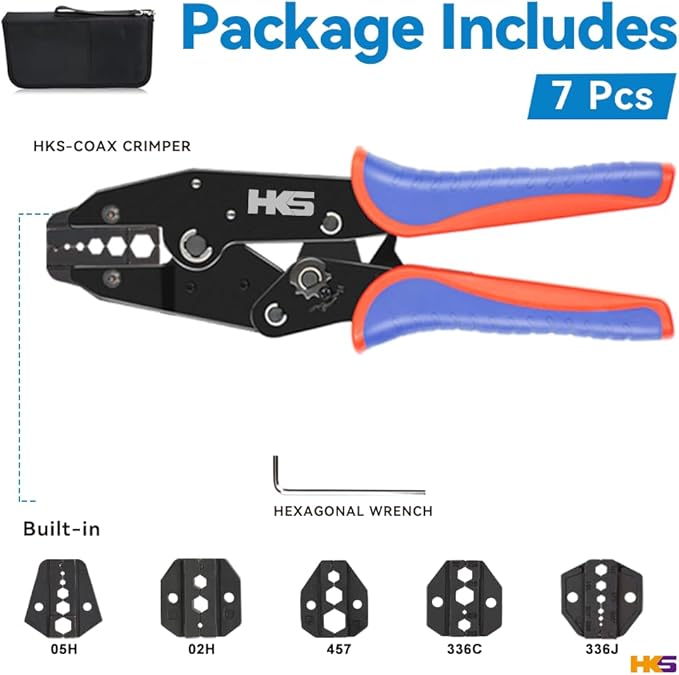 HKS Coax Ratchet Crimping Tool Set for Coaxial RG Cable RF Connector with 5 Changeable Dies