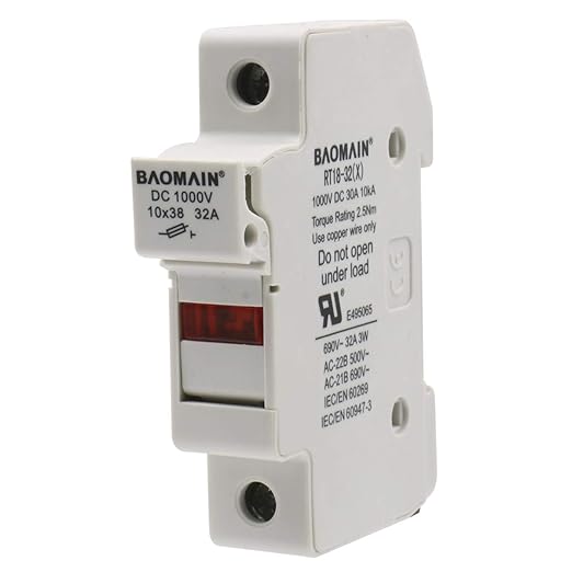 Baomain Solar PV DIN Rail Fuse Holder 1 Pole 30A 1000VDC/32A 690VAC, RT18-32 10x38mm, 18-8 AWG with LED Indicator, 35mm Mount, UR & CE Certified for Solar PV Systems