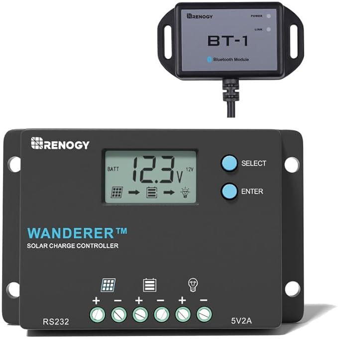 Renogy 10A Solar Controller with Wireless BT-1 Module-12V/24V PWM + App Monitoring, IP32/IP54 Waterproof for RV/Marine/Off-Grid Lithium Systems