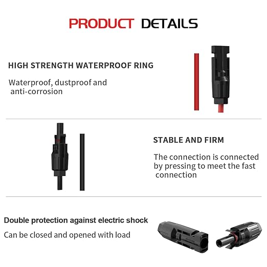 Solar Panel Extension Cable-TUV Listed 1Pair 10AWG 10FT Black and Red with Male/Female Connectors Solar Cable with Extra Pair of Connectors