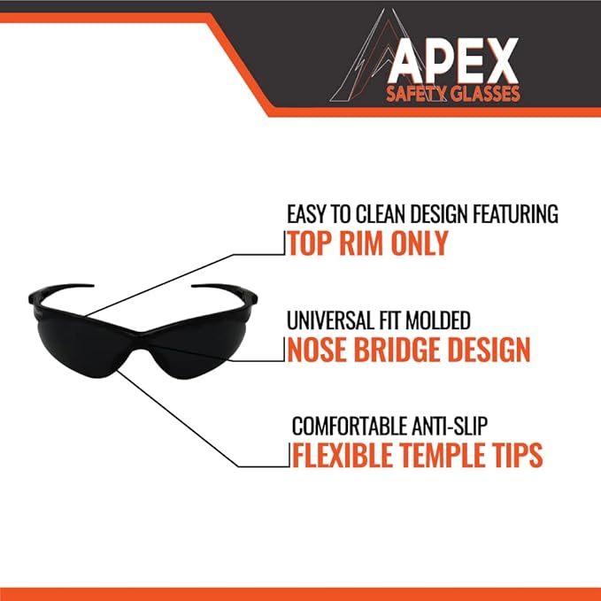 Malta Dynamics APEX Safety Glasses – Anti Scratch and Anti Fog Protection, Construction Safety Glasses for Men and Women, ISEA & ANSI Z87 Compliant (Tinted, 12 Pairs)