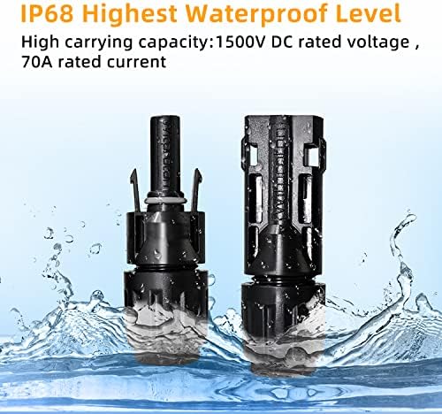 10AWG Solar Panel Connectors IP68 Waterproof 1500V 70A Solid Tinned Copper Terminal Black 5 Pairs for Solar PV Cable(6mm²)