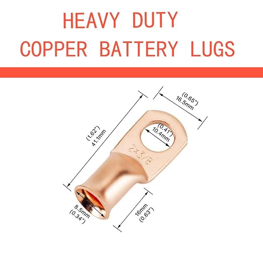 10pcs 2 AWG 3/8" Stud Copper Ring Terminals Battery Cable Ends Wire Lugs 2 Gauge Battery Cable Lugs Heavy Duty Cable Lugs Bare Copper Eyelets Tubular Ring Terminal Connectors