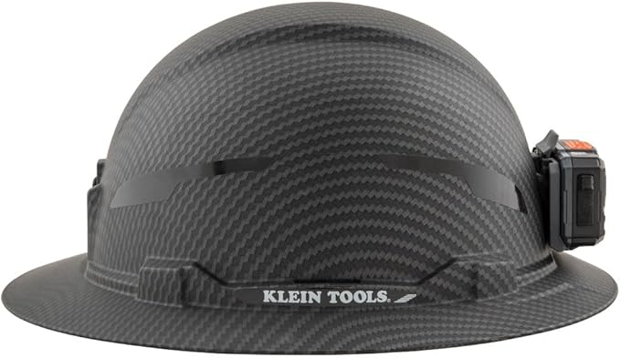 Klein Tools 60346 Hard Hat, Non-Vented Full Brim, Class E, Premium KARBN Pattern, Rechargeable Lamp, Padded Sweat-Wicking Sweatband, Top Pad