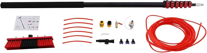 29.53FT Long Reach Solar Panel Cleaning Brush Kit, Water Fed Pole Cleaning Kit, Pole Extendable Cleaner Tool for Roof Window Cleaning, 65.62Ft Water Pipe, 13.78in 180° Adjustable Brush Head