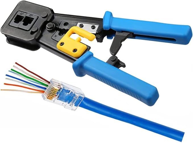 RJ45 Crimping Tool Ethernet Crimper for Cat6 Cat5 Cat5e RJ45 Pass Through Connectors and R11/RJ12 Regular Ends with 50Pcs Connectors, 50Pcs Covers and Mini Wire Stripper