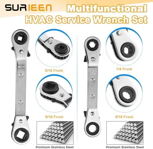 Valve Core Remover Installer Tool and HVAC Service Wrench Set With Hex Bit Adapters, Dual Size SAE 1/4 & 5/16 Port, 3/8" to 1/4", 5/16" Refrigeration Service Wrench, 10pcs Valve Core
